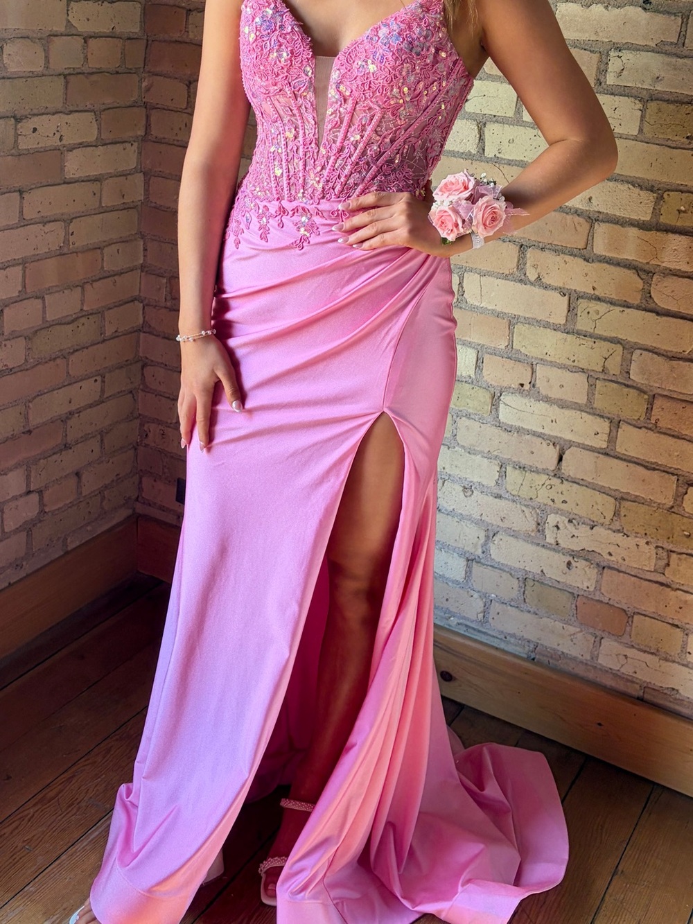 Embellished bright bubble gum Pink Prom Gown with High Side Slit